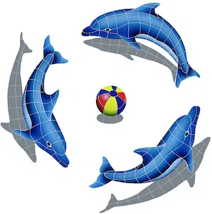 Artistry In Mosaics Dolphin Group Shadow ( 1 Free Multi Color Ball) Porcelain Pool Design 48" x 48"